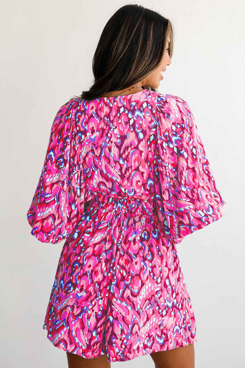 Pink Abstract Print Dolman Sleeve V Neck High Waist Romper