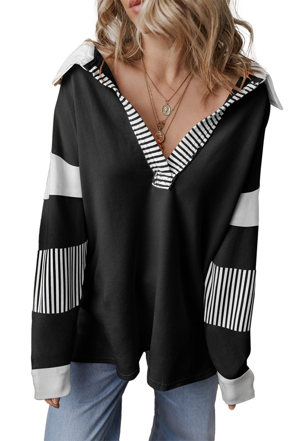 Sail Blue Striped Patchwork Collar Sweatshirt