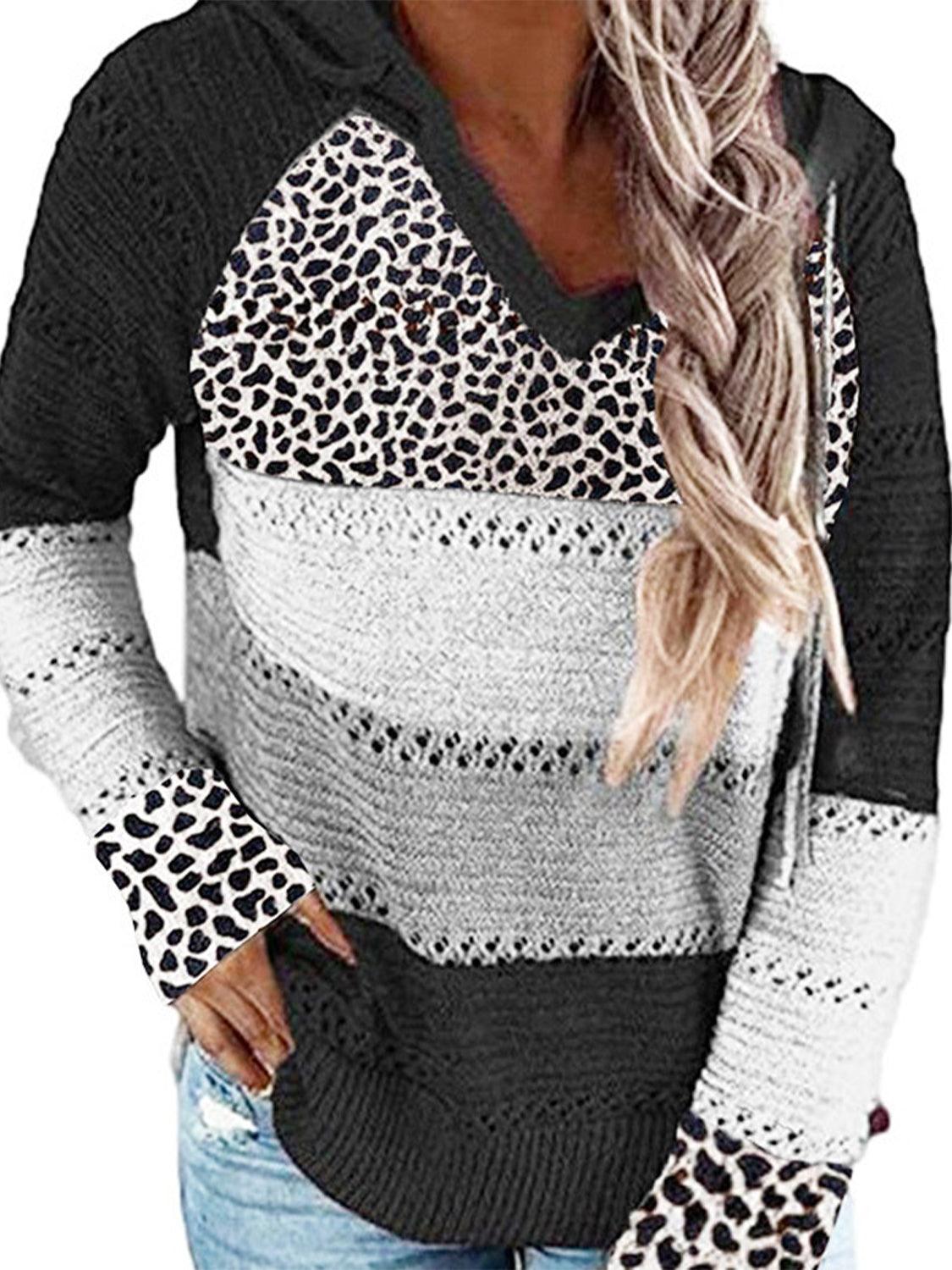 Full Size Openwork Leopard Drawstring Hooded Sweater - PD SECRET REALM