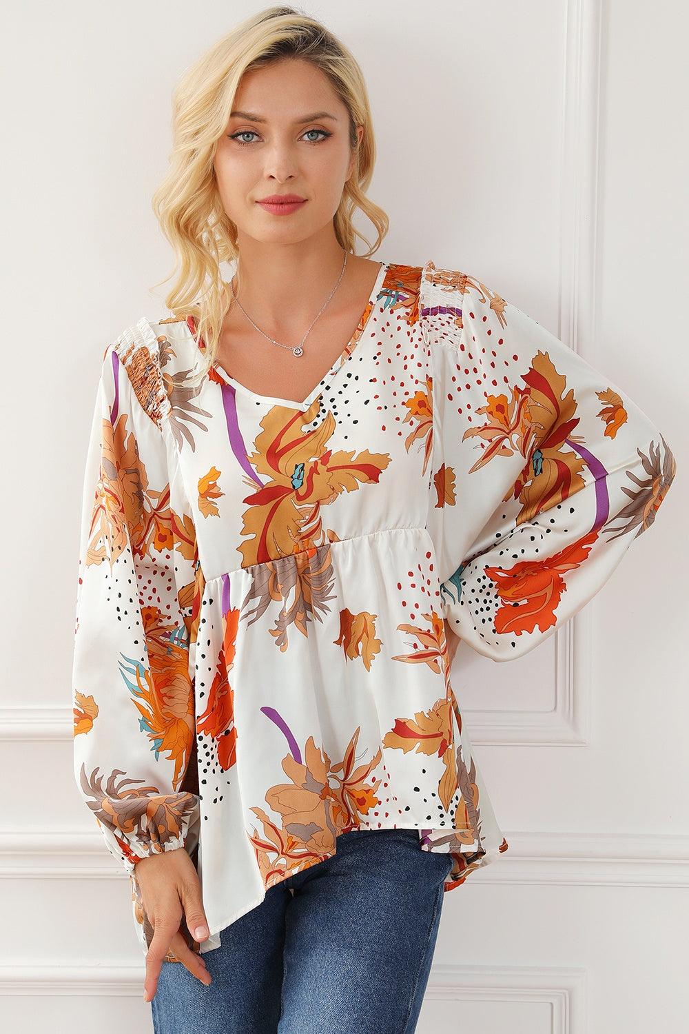 Printed V-Neck Smocked Balloon Sleeve Blouse - PD SECRET REALM