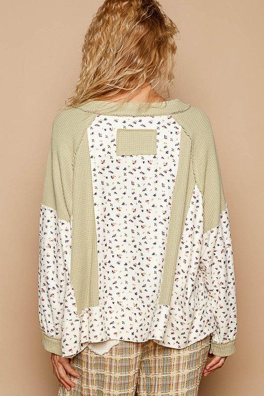 Waffle Knit Floral Notched Long Sleeve Top - PD SECRET REALM