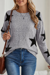 Khaki Star Pattern Drop Shoulder Knit Sweater