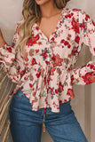 Floral V-Neck Drawstring Peplum Blouse - PD SECRET REALM