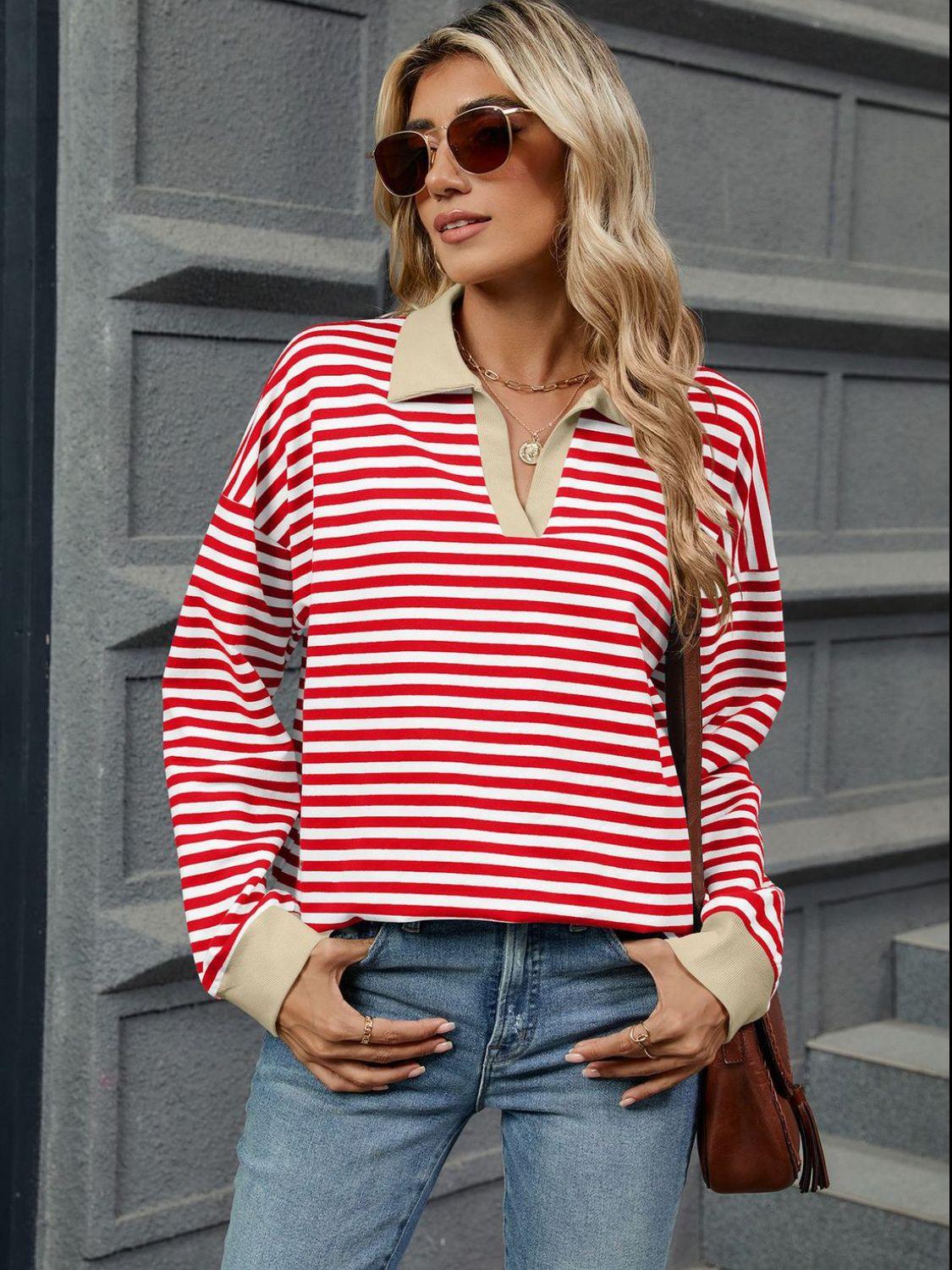 Striped Jnny Collar Long Sleeve Sweatshirt