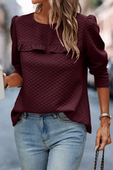 Burgundy Quilted Button Back Puff Sleeve Sweatshirt