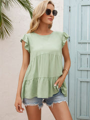 Ivy Lane Round Neck Flutter Sleeve Tiered Blouse