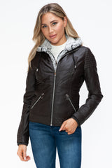 YMI Faux Layered Double-Zipper Jacket with Fuzzy Hood