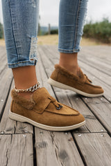 Chestnut Suede Furry Lined Slip On Flat Shoes