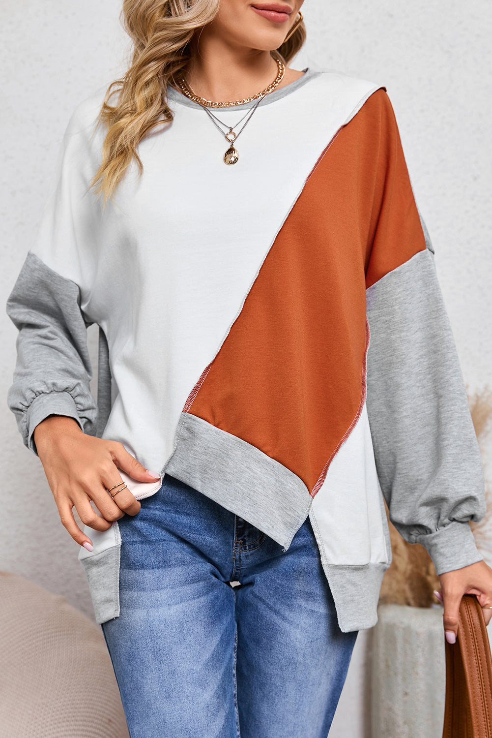 Khaki Colorblock Stitching Irregular Hem Long Sleeve Top