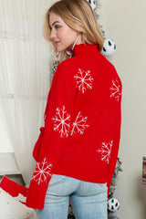 Fiery Red Christmas Snow Printed High Neck Sweater