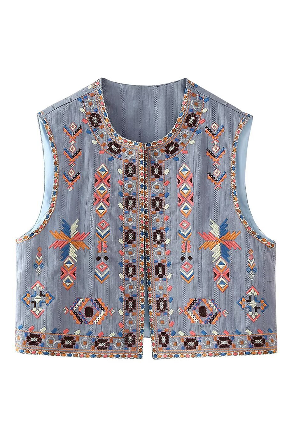 Sky Blue Geometric Embroidered Open Front Vest