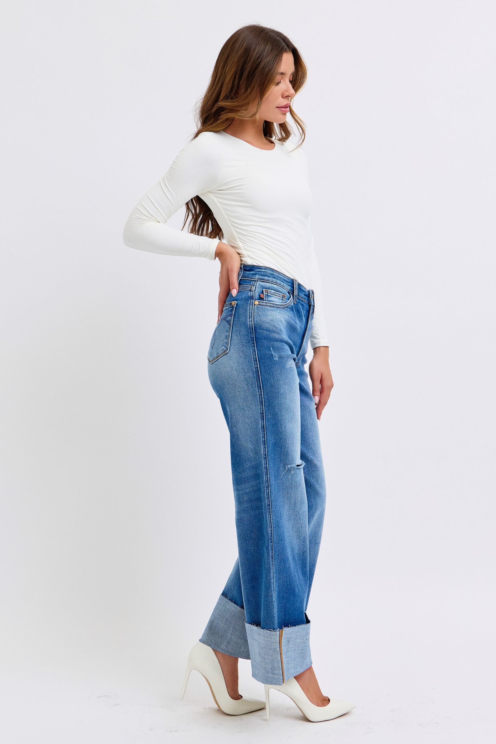 Full Size Distressed High Waist Wide Leg Jeans