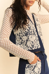 Lace Patch Open Front Denim Vest