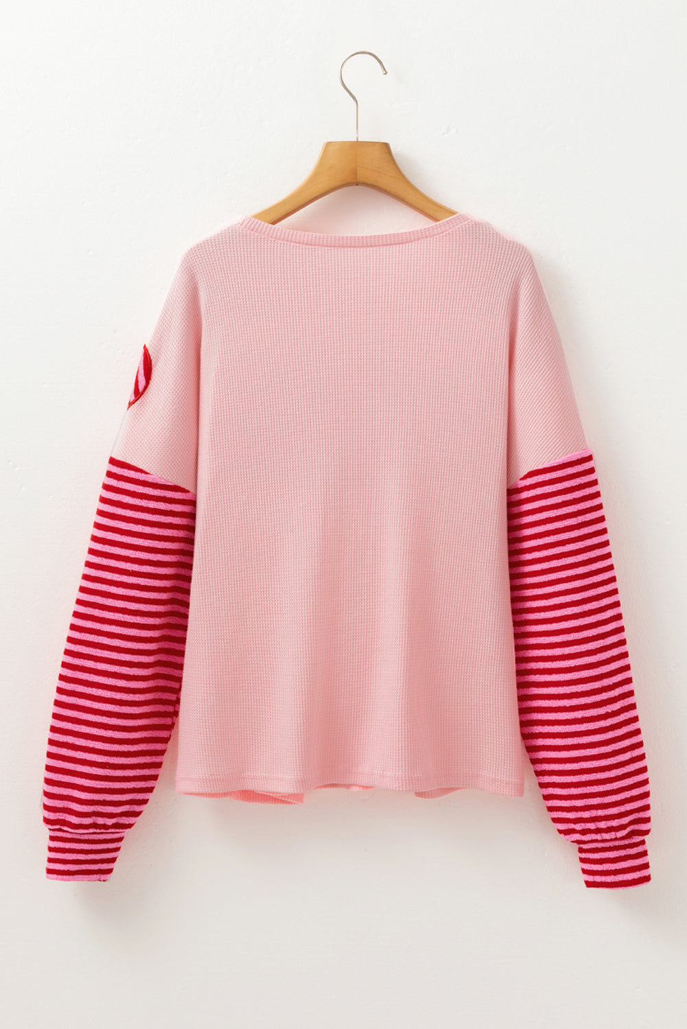 Pink Floral Colorblock Striped Sleeve Crinkle Waffle Patchwork Top