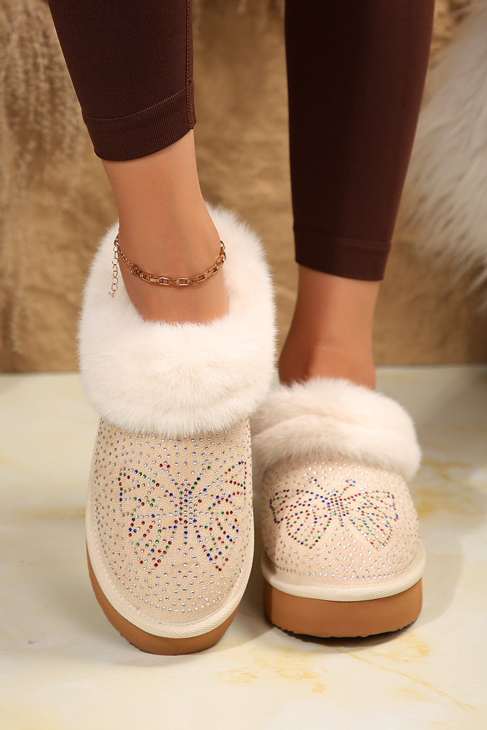 Beige Butterfly Sequined Thick Sole Plush Slip On Boots