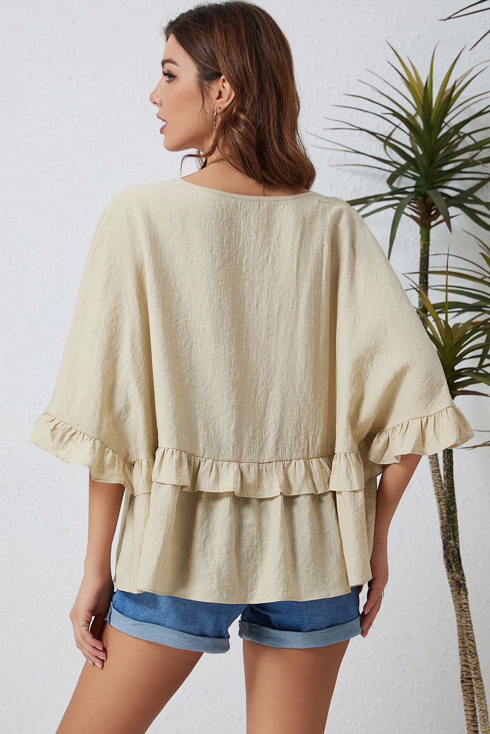 Ruffled V-Neck Half Sleeve Blouse