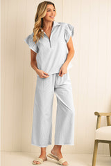 Gray Stripe Short Sleeve Collar Top And Shift Pants Set