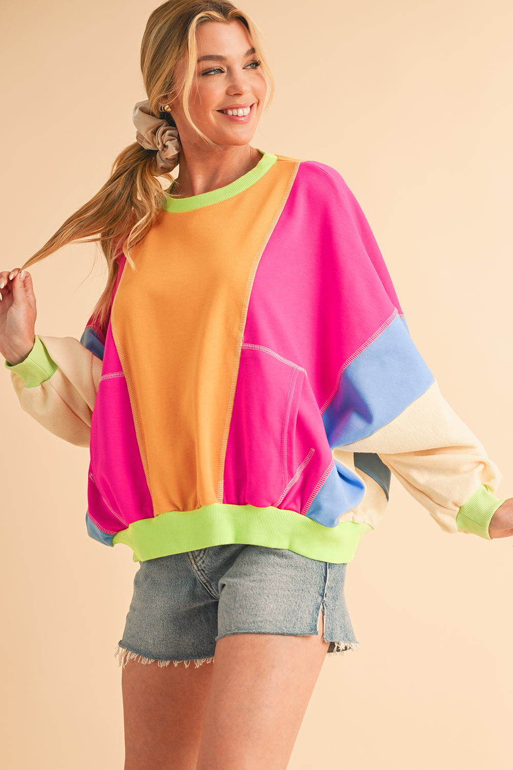 Orchid Petal Colorblock Patchwork Drop Shoulder Top