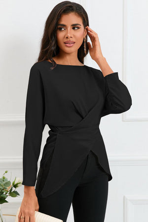 Boat Neck Back Tie Long Sleeve Satin Blouse - PD SECRET REALM