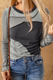 Exposed Seam Contrast Round Neck Long Sleeve T-Shirt - PD SECRET REALM