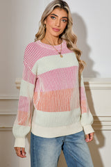 Pink Colorblock Lantern Sleeve Rib Knitted Sweater