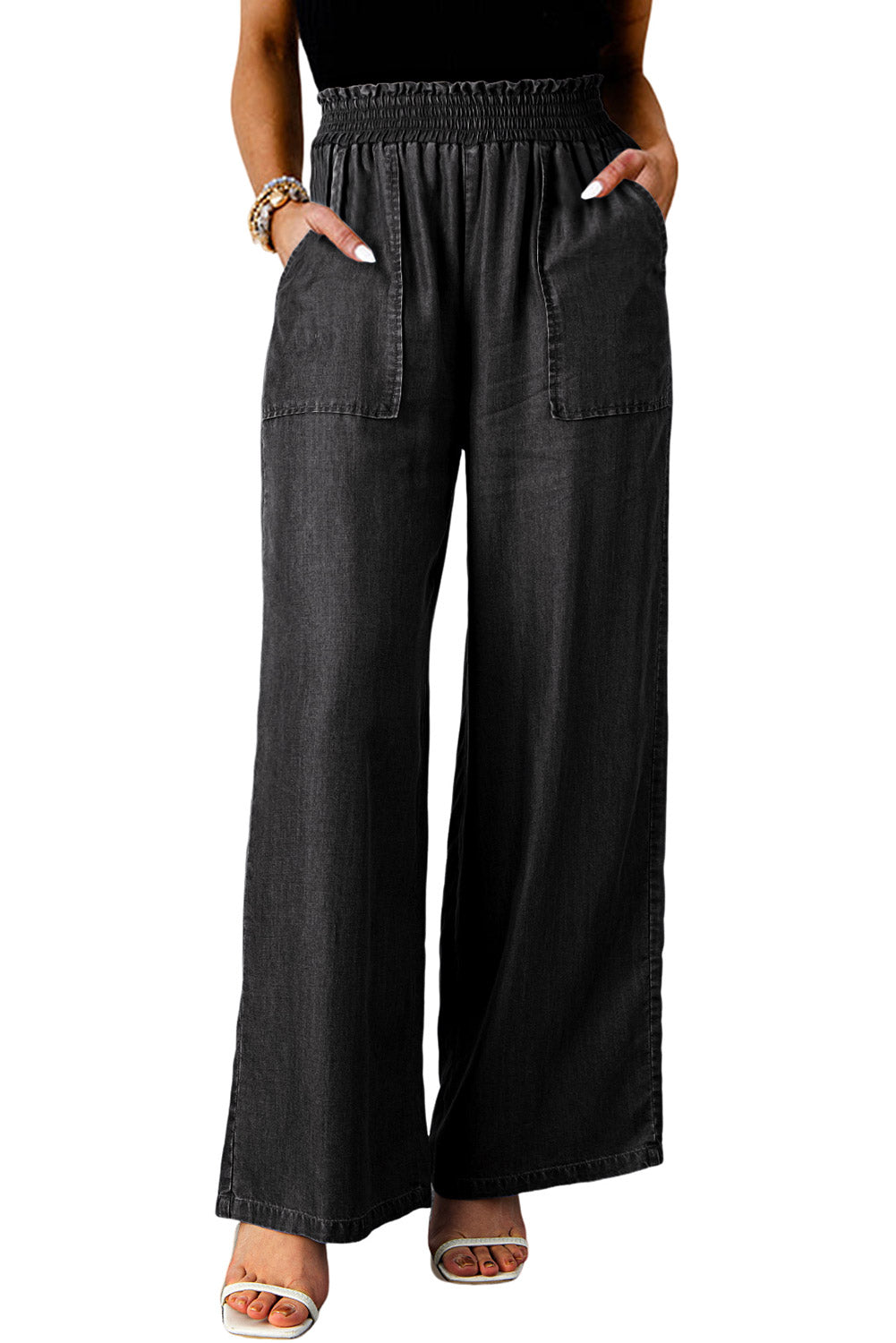 Black Side Pockets Frilled Smocked High Waist Wide Leg Jeans