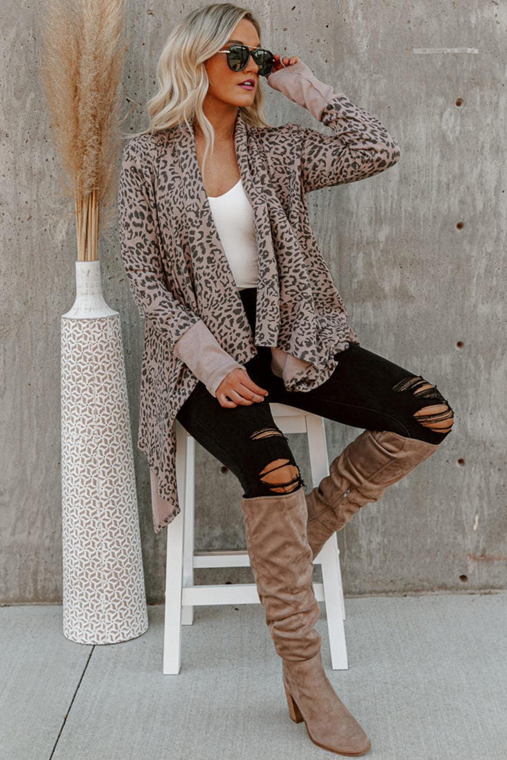 Cheetah Print Cowl Neck Open Front Long Cardigan