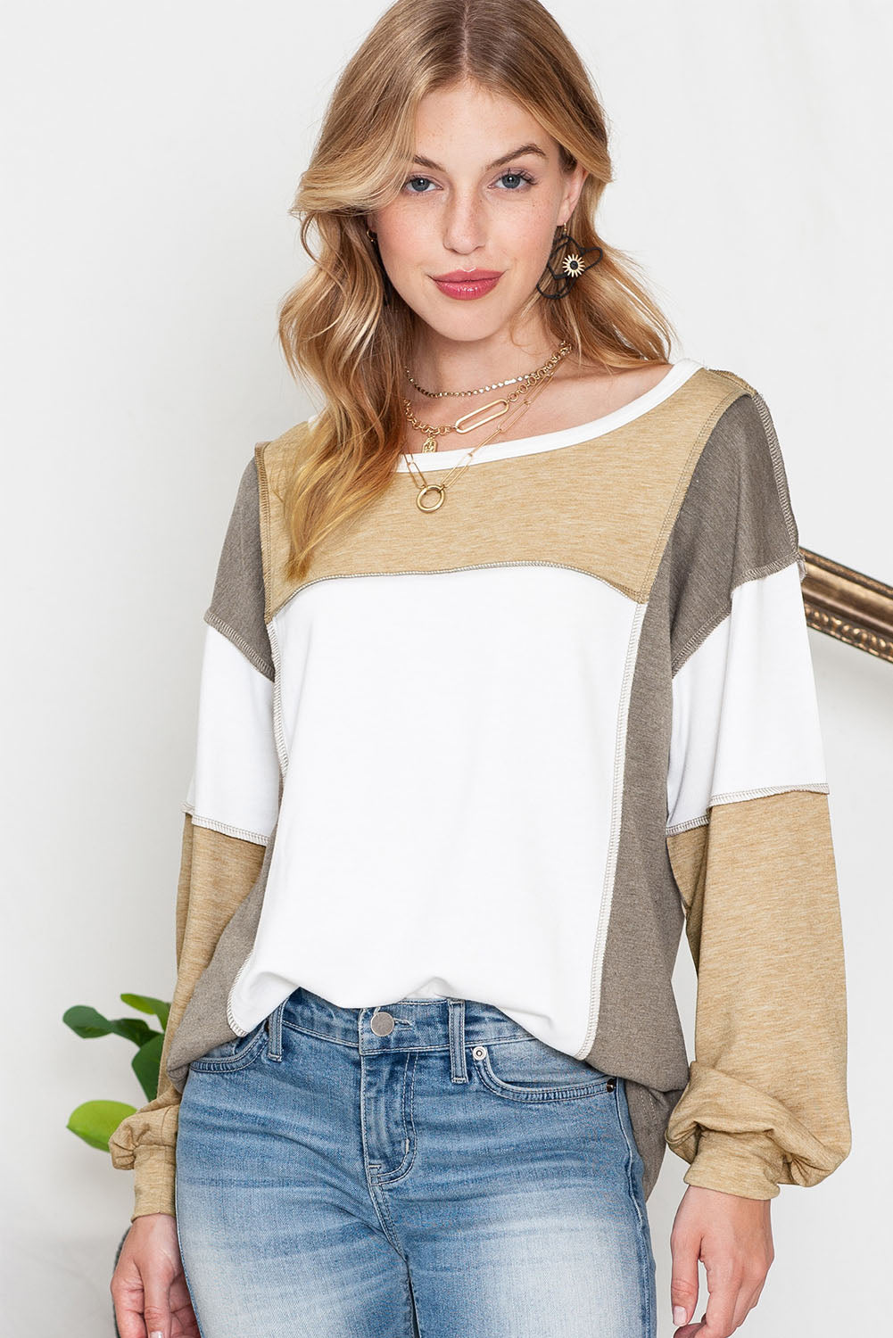 Khaki Color Block Exposed Seam Long Sleeve Top