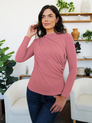 FAM-FAM Ruched Mock Neck Long Sleeve T-Shirt - PD SECRET REALM