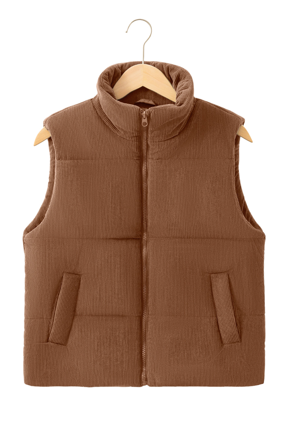 Coffee Solid Color Corduroy Puffer Vest Coat