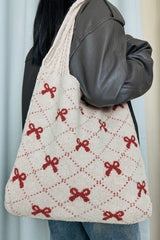 Fiery Red Bow Argyle Pattern Cable Knit Shoulder Bag