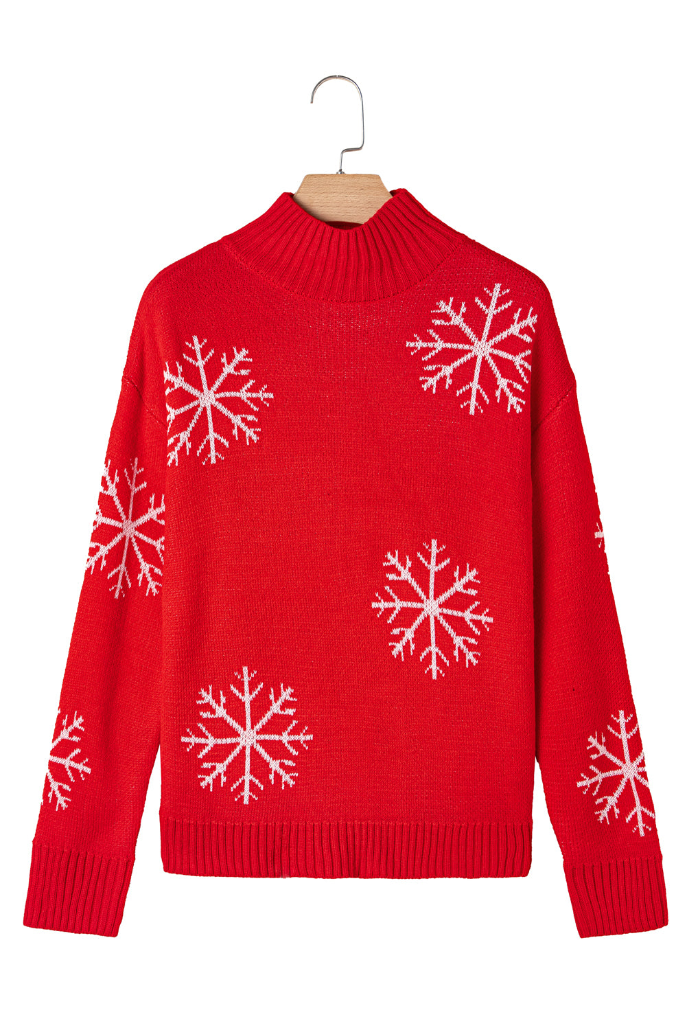 Fiery Red Christmas Snow Printed High Neck Sweater