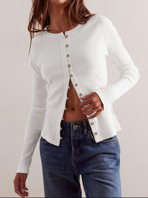 Ribbed Round Neck Long Sleeve Top - PD SECRET REALM