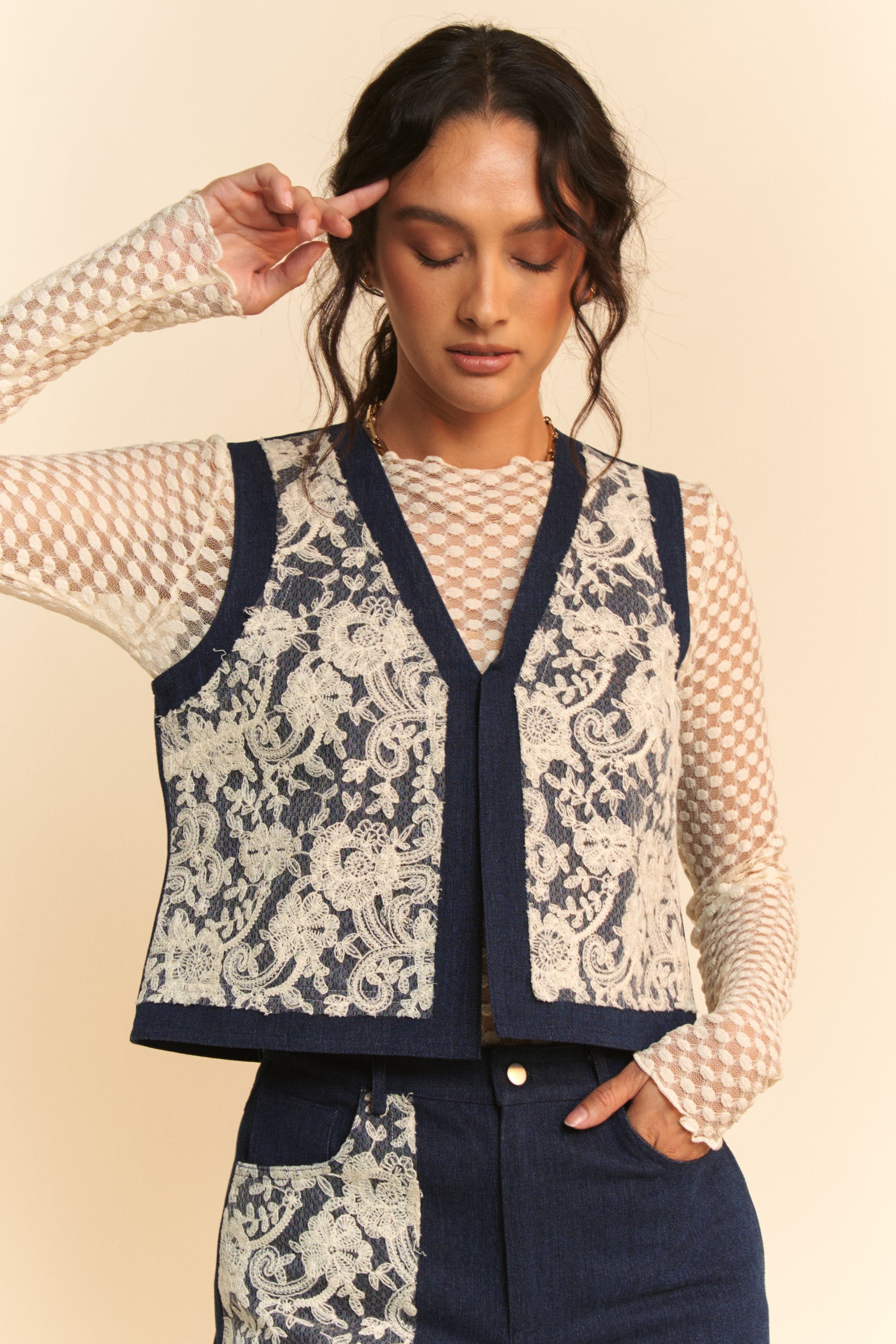 Lace Patch Open Front Denim Vest