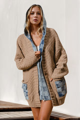 Full Size Hooded Denim Spliced Sweater Cardigan