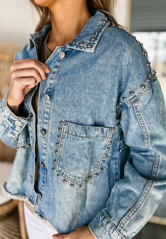 Studded Acid Wash Long Sleeve Denim Jacket