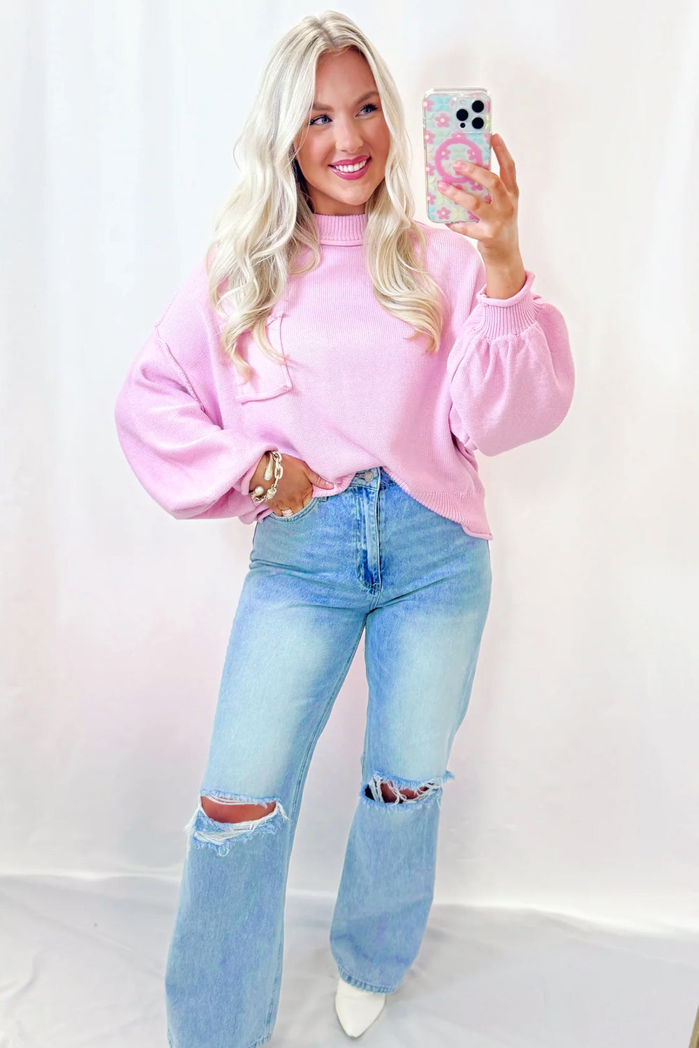 Pink Solid Color Pocket  Bishop Sleeve Knit Sweater