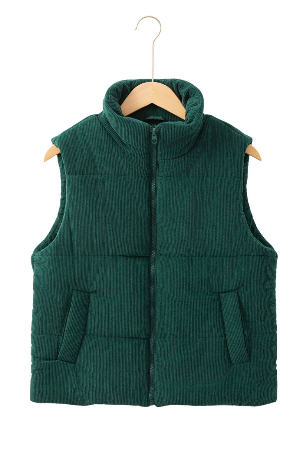 Coffee Solid Color Corduroy Puffer Vest Coat