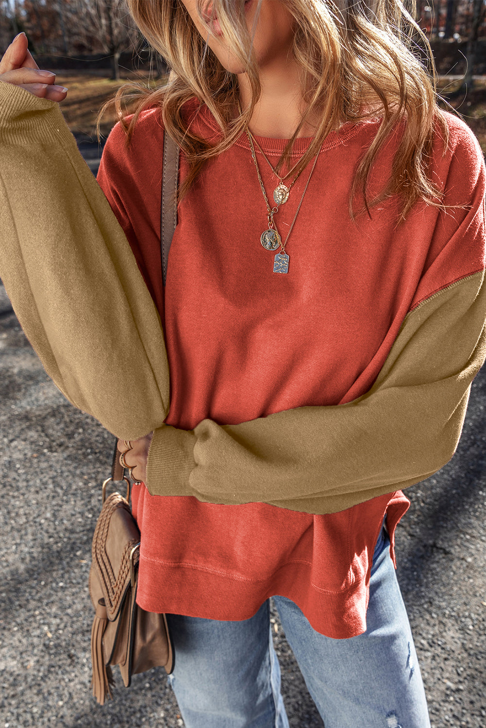 Mineral Red Two Tone Patchwork Drop Shoulder Pullover Sweatshirt