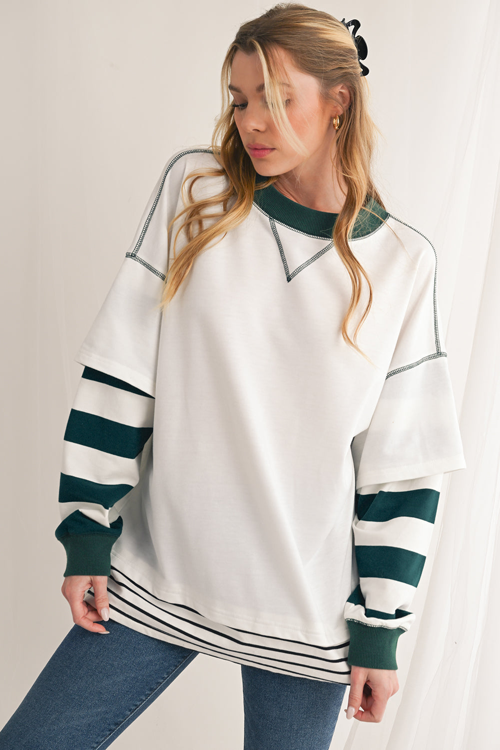 White Striped Layered Drop Sleeve Sweatshirt