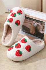 Bright White Cute Fuzzy Strawberry Pattern Winter Slippers