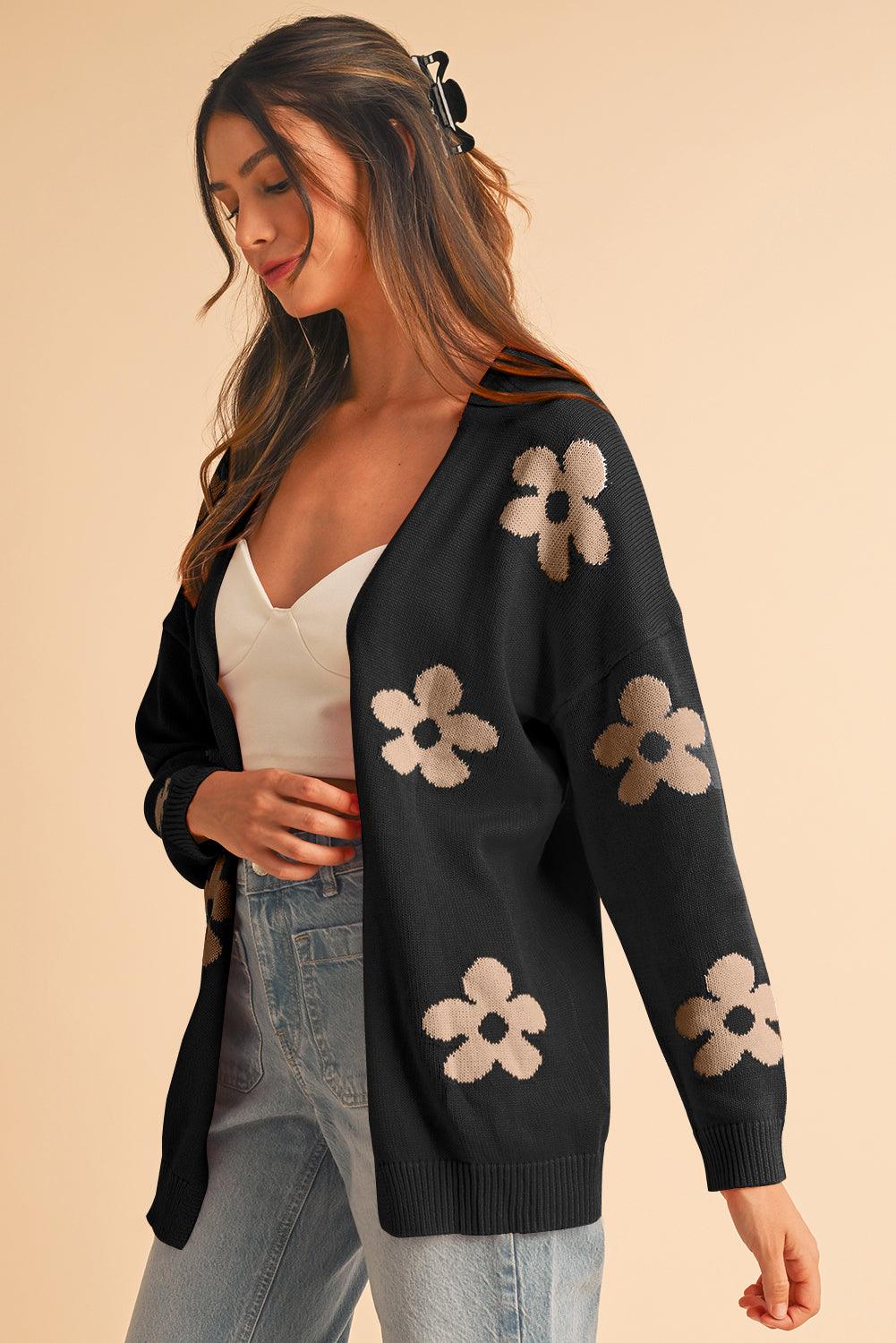 Black 60s Vintage Flower Drop Shoulder Cardigan