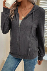 Dark Grey Ribbed Zip Front Drawstring Hoodie