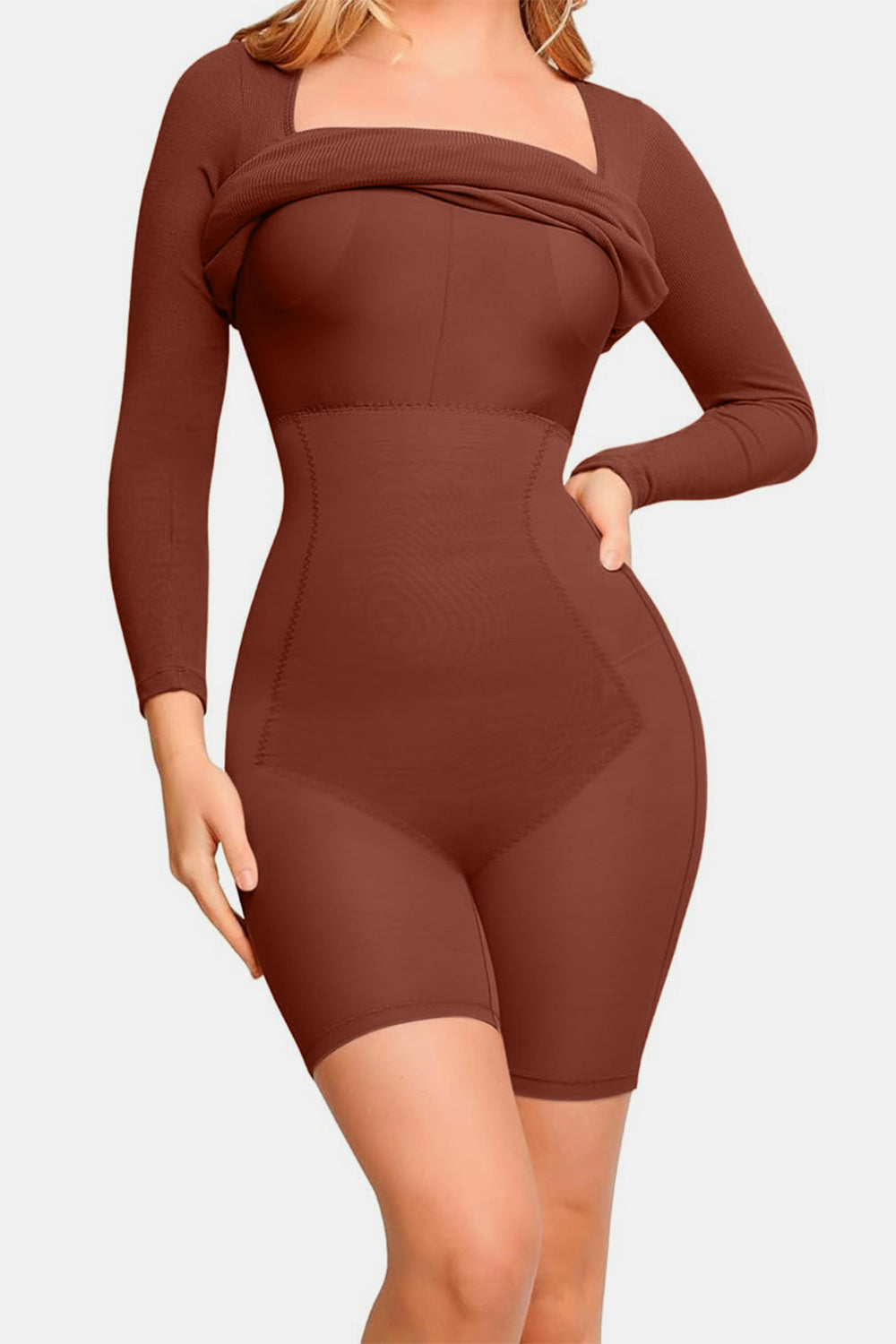 Full Size Built-In Shapewear Square Neck Long Sleeve Dress