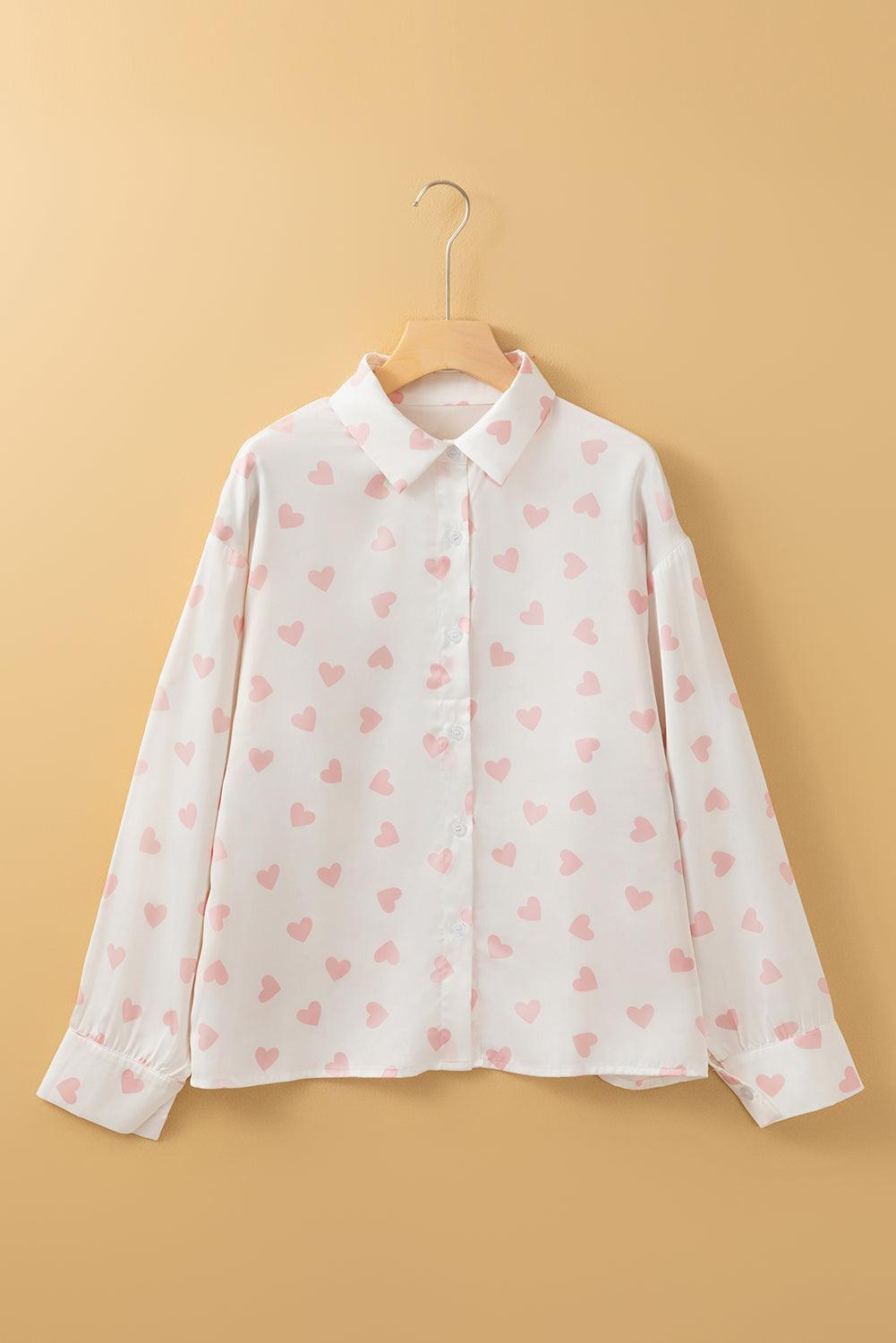 Heart Print Collared Neck Long Sleeve Shirt - PD SECRET REALM