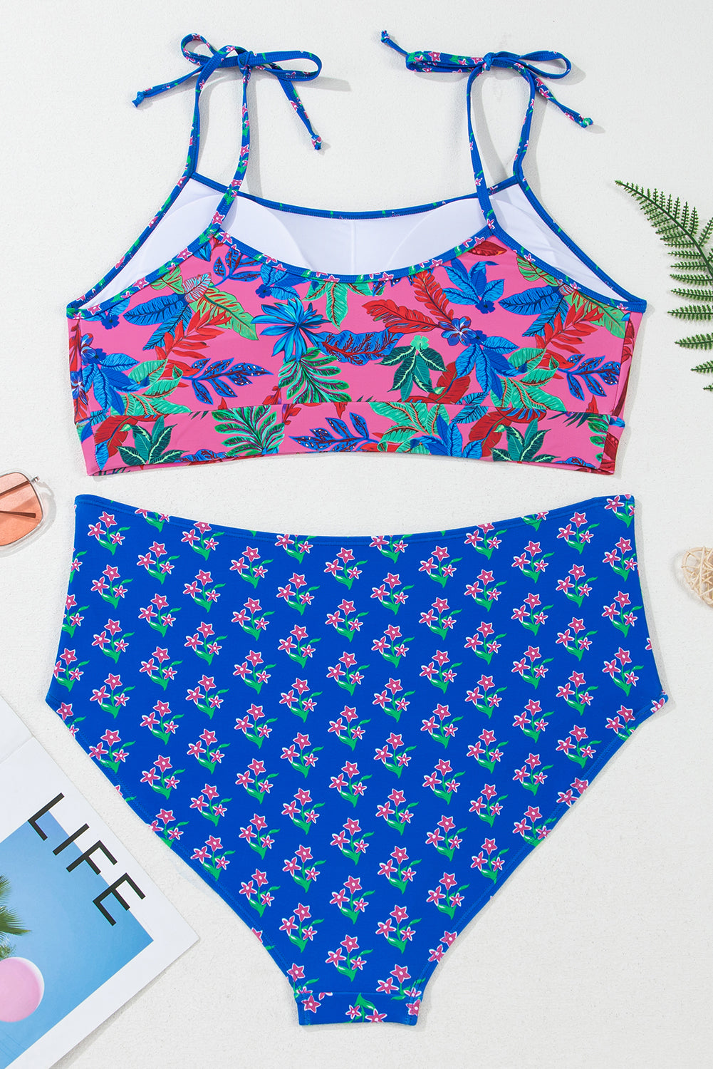 Blue Tropical Print Crop Cami and High Waist Plus Size Bikini Set