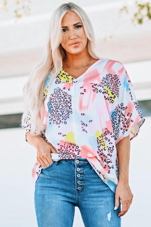 Mixed Print V-Neck Half Sleeve Top - PD SECRET REALM