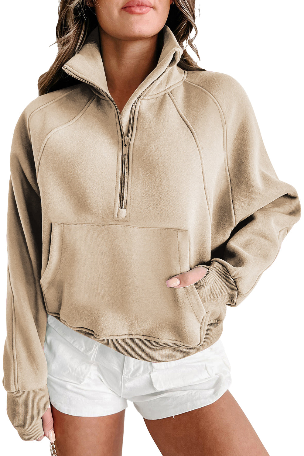 Gray Zip Up Stand Collar Ribbed Thumbhole Sleeve Sweatshirt