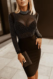 Rhinestone Mock Neck Long Sleeve Dress - PD SECRET REALM