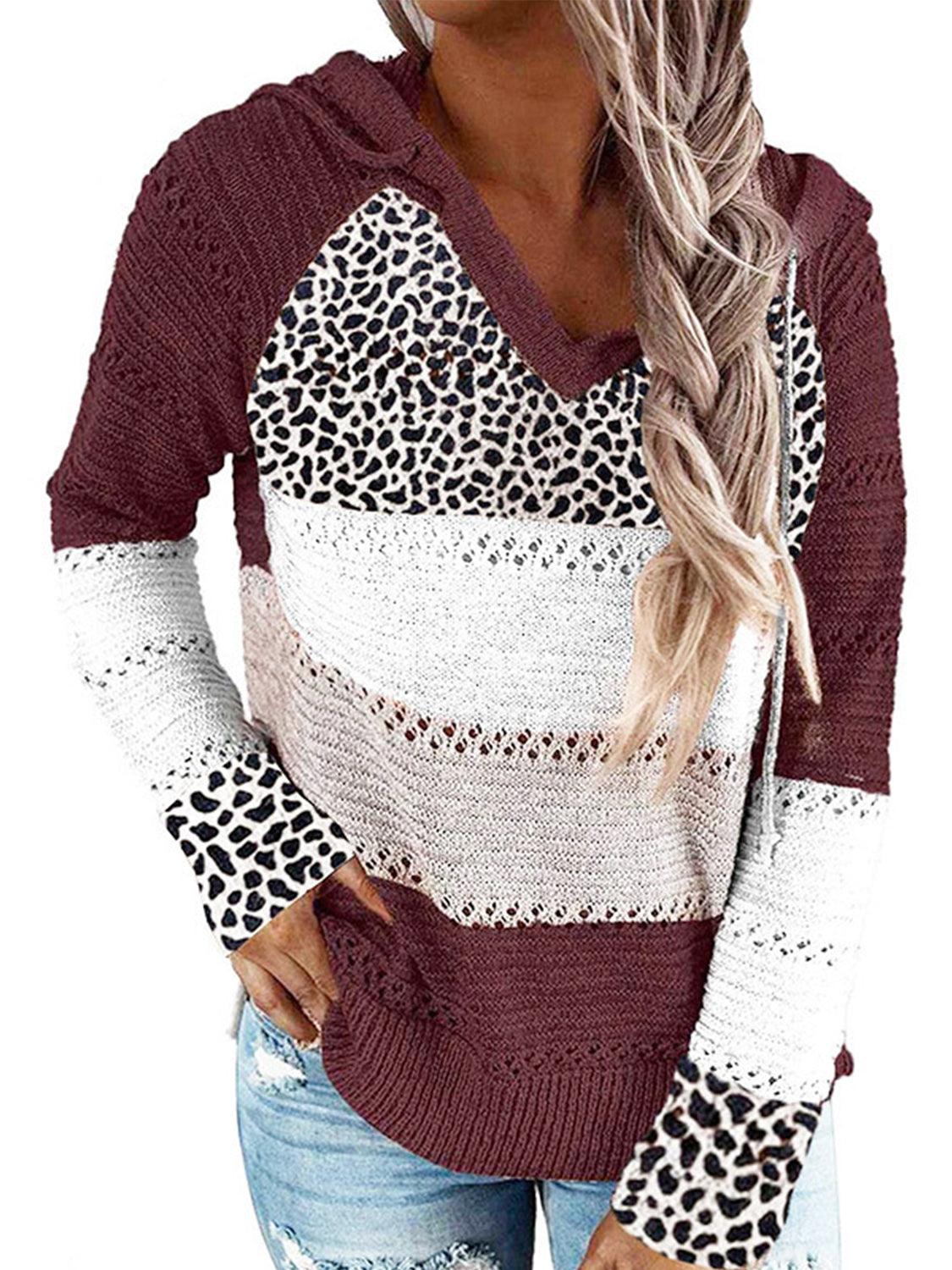 Full Size Openwork Leopard Drawstring Hooded Sweater - PD SECRET REALM